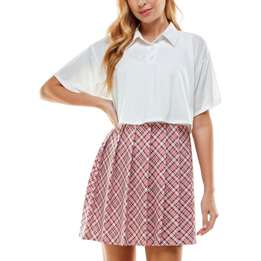 KINGSTON GREY Womens Pink Crop Top Short Sleeve Short Fit + Flare Dress S